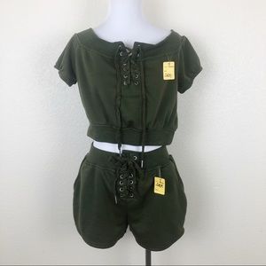 Lace Up Green Crop Top and Shorts Matching Set